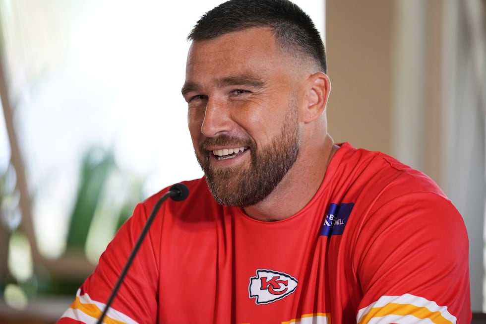 Kansas City Chiefs tight end Travis Kelce speaks during a press conference ahead of a NFL...