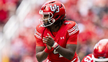Utah Utes quarterback Devon Dampier (4) claps to begin a play during an NCAA football game between ...