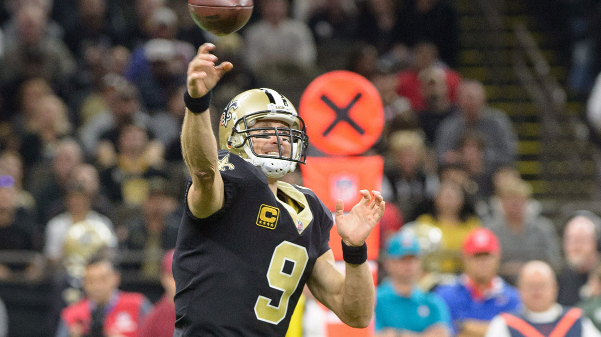 Drew Brees throwing a pass against the then-Washington Redskins.