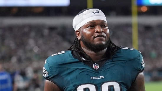 FILE - Philadelphia Eagles' Jalen Carter walks off the field after being ejected from an NFL football game against the Dallas Cowboys, Thursday, Sept. 4, 2025, in Philadelphia. (AP Photo/Matt Slocum, File)(AP)