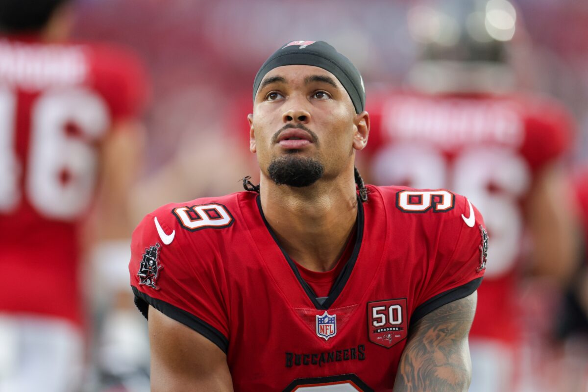 Tampa Bay Buccaneers wide receiver Emeka Egbuka (9) looks on before a preseason game against the Tennessee Titans at Raymond James Stadium.