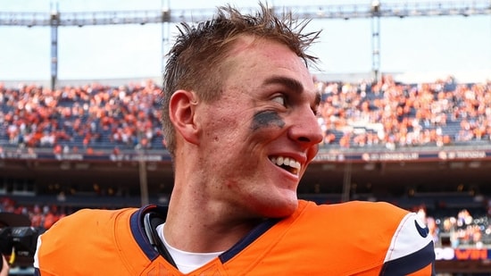 Bo Nix of the Denver Broncos celebrates after Week 1 win vs Titans.(Getty Images via AFP)