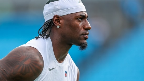 Xavier Legette of the Carolina Panthers warms up before an NFL Preseason 2025 game.(Getty Images via AFP)