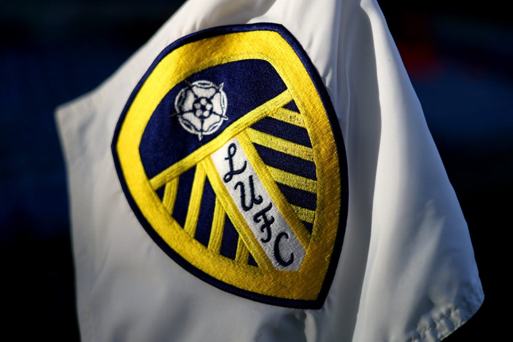A closeup shot of the Leeds United badge on a corner flag at Elland