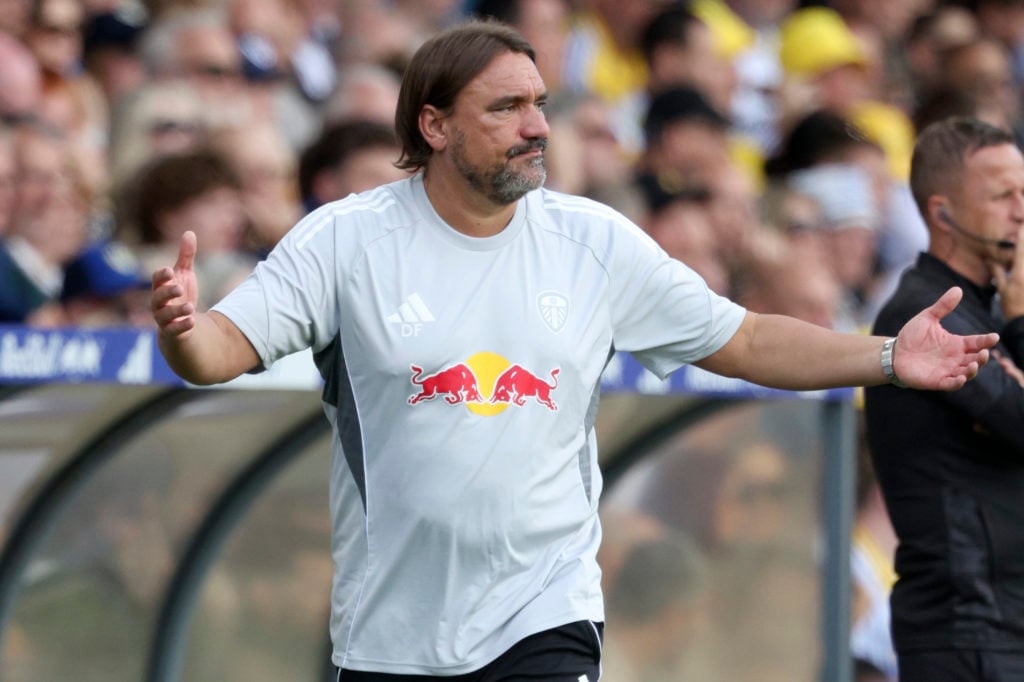 Daniel Farke holds his arms in annoyance during Leeds Untied vs Villarreal.