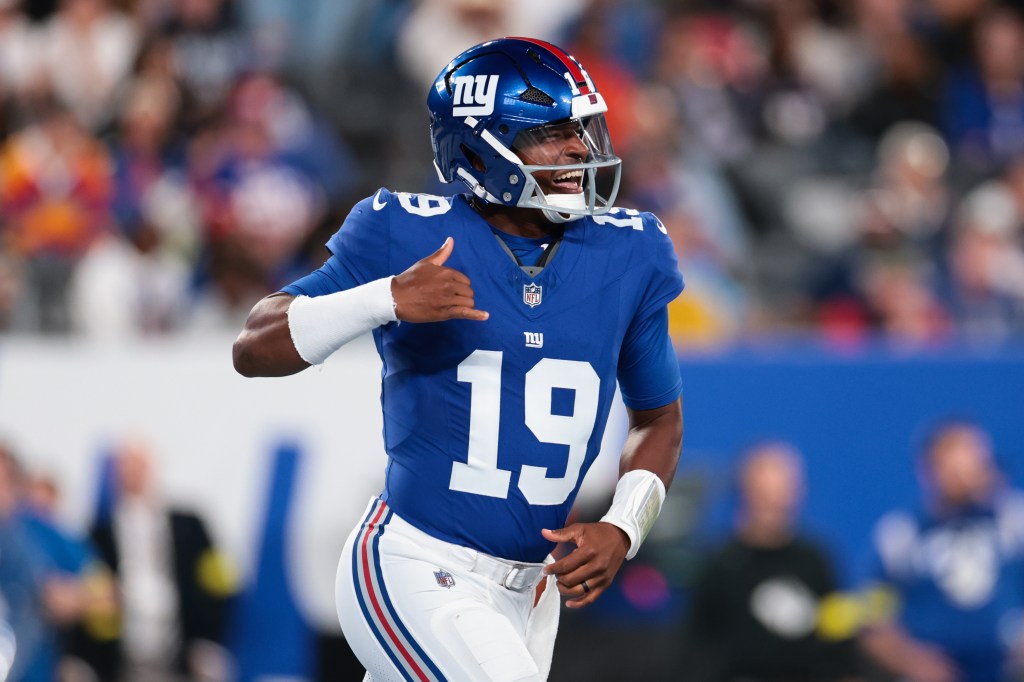 Jameis Winston celebrates after a touchdown pass during the first quarter of an NFL Preseason 2025 game against the New England Patriots at MetLife Stadium on August 21, 2025 in East Rutherford, New Jersey.