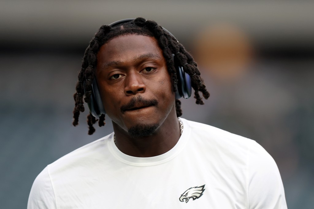 A.J. Brown looks on prior to the game against the Dallas Cowboys at Lincoln Financial Field on September 04, 2025 in Philadelphia, Pennsylvania.