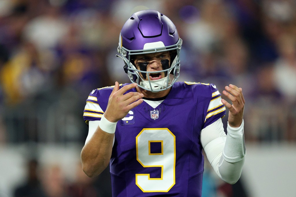 J.J. McCarthy reacts during the Vikings' loss to the Falcons on Sept. 14, 2025.