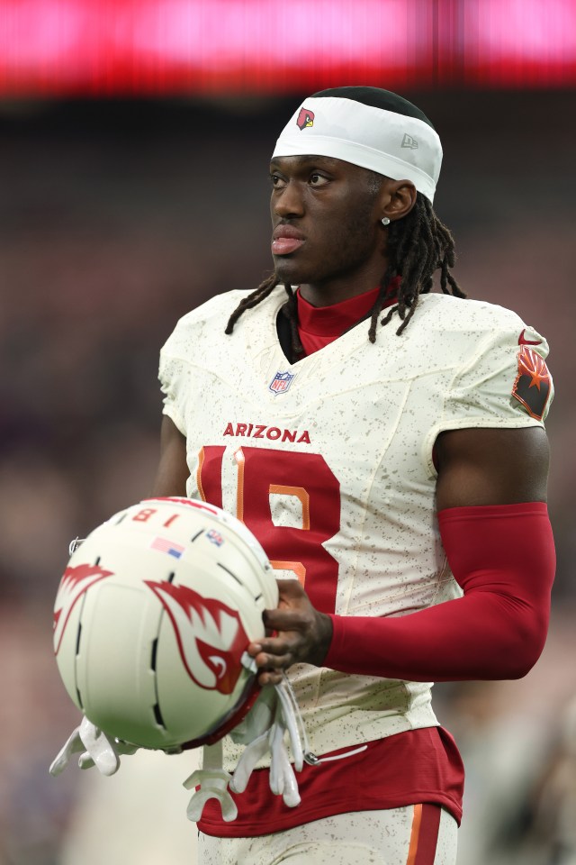 GLENDALE, ARIZONA - SEPTEMBER 25: Marvin Harrison Jr. #18 of the Arizona Cardinals looks on against the Seattle Seahawks before the game at State Farm Stadium on September 25, 2025 in Glendale, Arizona. (Photo by Christian Petersen/Getty Images)
