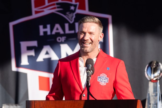 Julian Edelman speaks during his Patriots Hall of Fame induction...