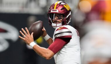 Washington Commanders quarterback Marcus Mariota looked to throw against the Atlanta Falcons on Sunday in Atlanta.