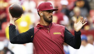 Washington quarterback Marcus Mariota warmed up before the Commanders game against the New York Giants on Sept. 7.