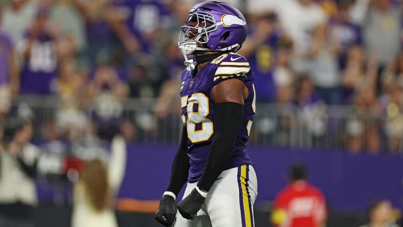 Jonathan Greenard celebrates a sack against the Atlanta Falcons. vikings draft curveballs 2026.