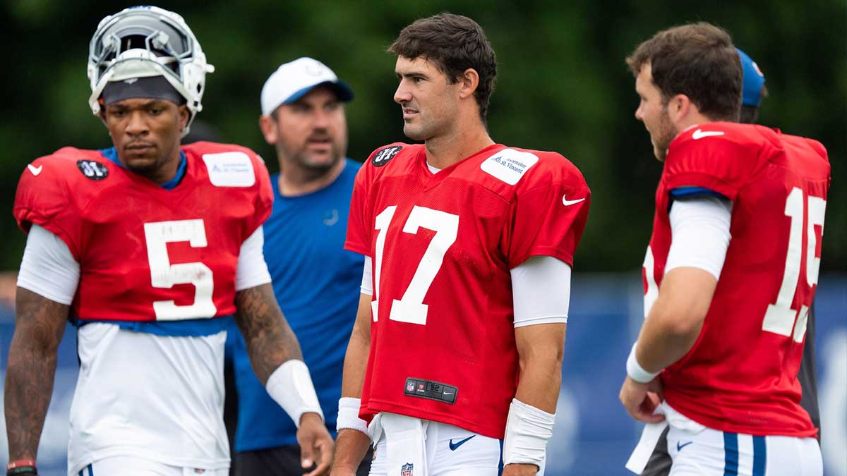Indianapolis Colts quarterbacks Anthony Richardson Sr. (5), Daniel Jones (17) and Riley Leonard (15) prepare for drills Monday, July 28, 2025, during training camp held at Grand Park in Westfield.
