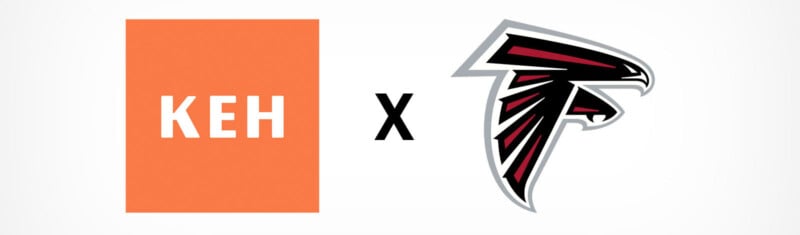 An orange rectangle with "KEH" in white letters next to a black "X" and the Atlanta Falcons football team logo, which features a stylized black, red, and white falcon head facing right.