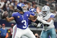 New York Giants quarterback Russell Wilson (3) during the first half of an NFL football game...