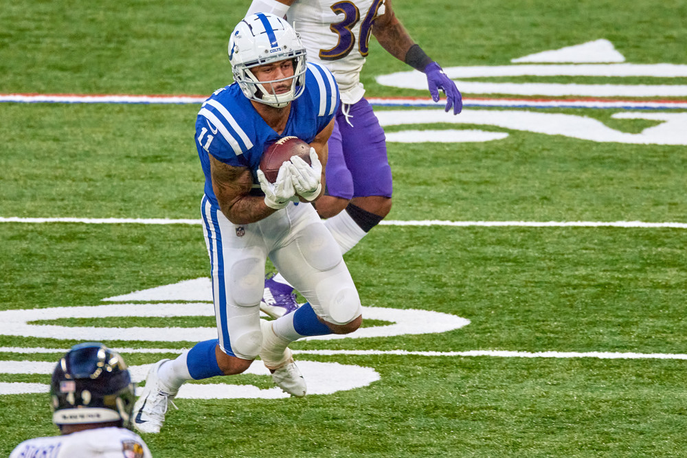 INDIANAPOLIS, IN - NOVEMBER 08: Indianapolis Colts wide receiver Michael Pittman (11) battles with Baltimore Ravens strong safety Chuck Clark (36) to catch the football in action during a NFL game between the Indianapolis Colts and the Baltimore Ravens on November 08, 2020 at Lucas Oil Stadium in Indianapolis, IN. (Photo by Robin Alam/Icon Sportswire)