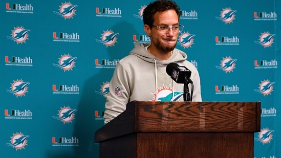 Miami Dolphins head coach Mike McDaniel speaks to reporters after an NFL football game against the Buffalo Bills(AP)