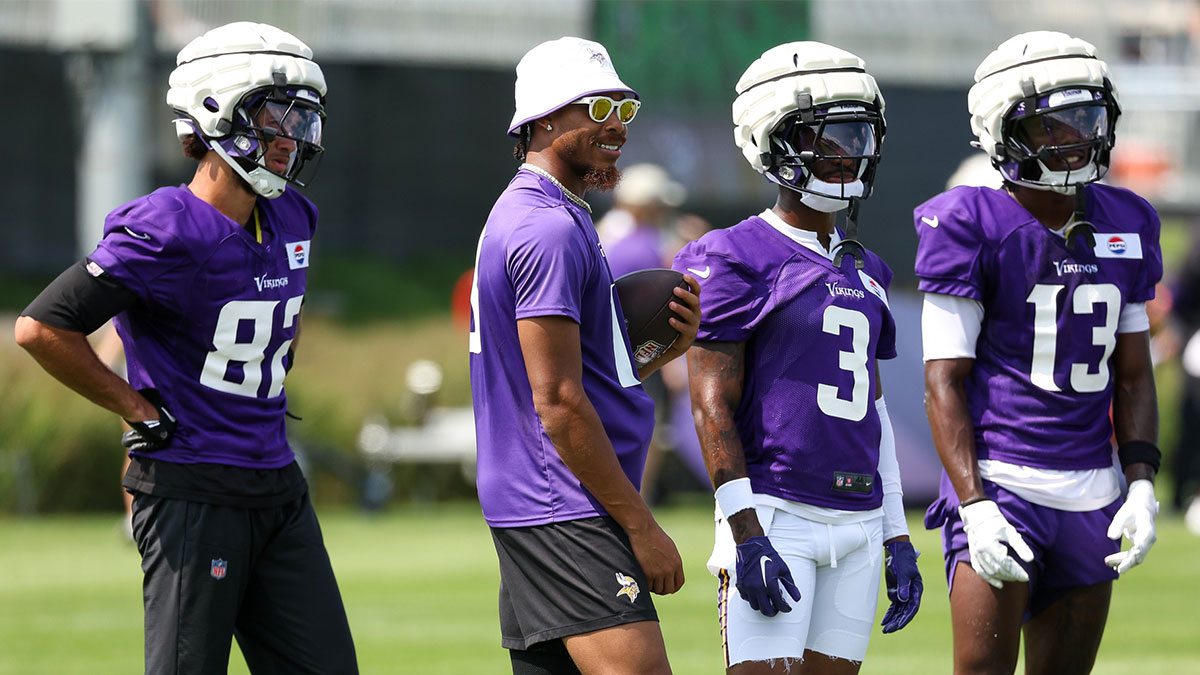 Minnesota Vikings wide receiver Justin Jefferson (18) looks on during the teams training camp at the Minnesota Vikings Training Facility.