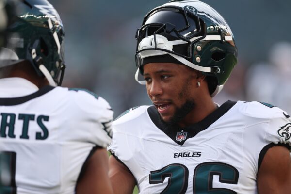 Aug 7, 2025; Philadelphia, Pennsylvania, USA; Philadelphia Eagles running back Saquon Barkley (26) before a game against the Cincinnati Bengals at Lincoln Financial Field.