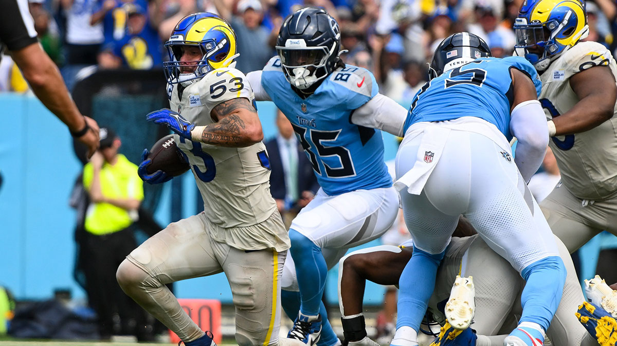 Los Angeles Rams linebacker Nate Landman (53) recovers the fumble of Tennessee Titans quarterback Cameron Ward (1) during the second half at Nissan Stadium. 