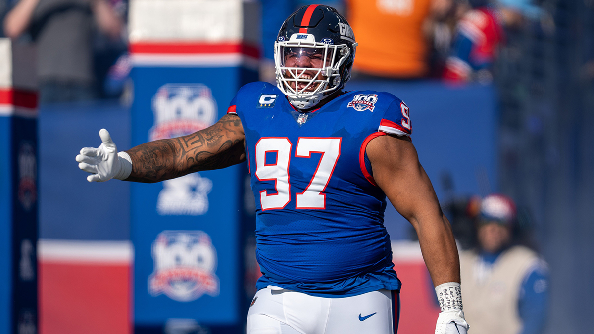 New York Giants defensive tackle Dexter Lawrence II (97) runs out of the tunnel prior to the start of the game between the New York Giants and the Washington Commanders at MetLife Stadium in East Rutherford on Sunday, Nov. 3, 2024.