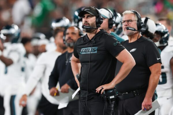 Philadelphia Eagles head coach Nick Sirianni looks on during the second half against the New York Jets at MetLife Stadium.