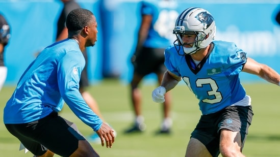 Carolina Panthers wide receiver Hunter Renfrow, right, runs a drill during practice at the team's NFL football training camp in Charlotte.(AP)