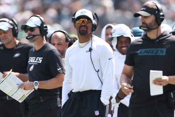 Philadelphia Eagles quarterback Jalen Hurts looks on during the second quarter against the Cleveland Browns at Lincoln Financial Field.