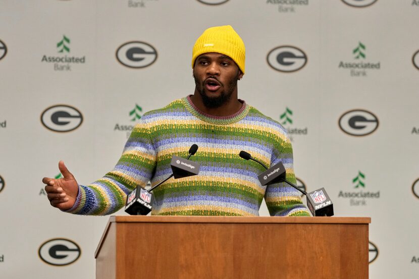 Green Bay Packers Micah Parsons speaks at his introductory news conference Friday, Aug. 29,...