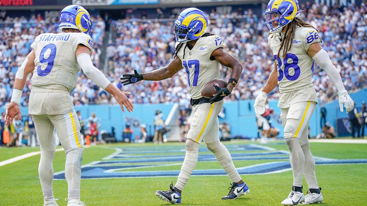 Los Angeles Rams wide receiver Davante Adams (17) celebrates his touchdown against the Tennessee Titans during the fourth quarter at Nissan Stadium in Nashville, Tenn., Sunday, Sept. 14, 2025.