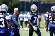 Dallas Cowboys cornerback Trevon Diggs (7) walks on the field during a practice at The Star,...