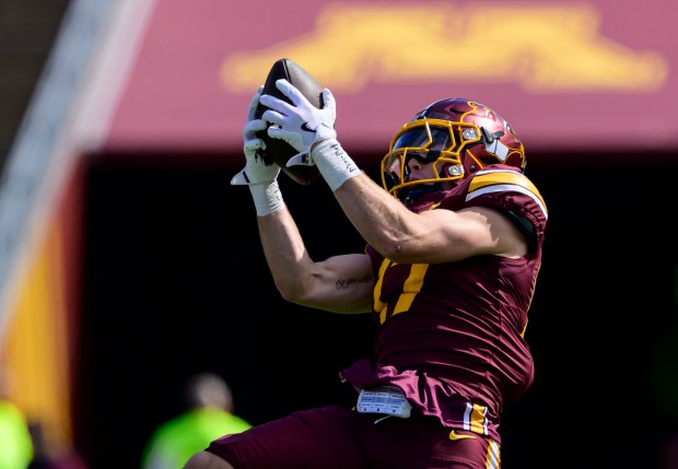 Minnesota Gophers defensive back John Nestor (17) intercepts a pass from Northwestern State Demons quarterback Abram Johnston (10) during the second quarter of NCAA football game at Huntington Bank Stadium in Minneapolis on Saturday, Sept. 6, 2025. (John Autey / Pioneer Press)