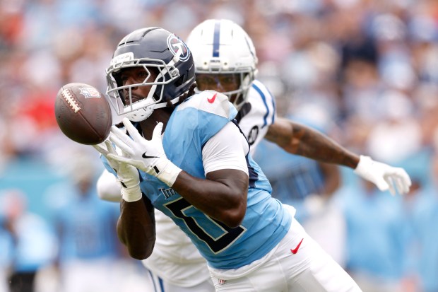Calvin Ridley #0 of the Tennessee Titans makes a catch during the second quarter against the Indianapolis Colts at Nissan Stadium on Sept. 21, 2025 in Nashville, Tennessee. (Photo by Johnnie Izquierdo/Getty Images)
