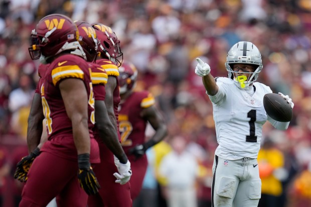 Tre Tucker #1 of the Las Vegas Raiders reacts after a first down against the Washington Commanders during the second quarter at Northwest Stadium on Sept. 21, 2025 in Landover, Maryland. (Photo by Jess Rapfogel/Getty Images)