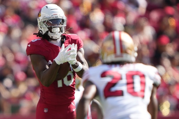Marvin Harrison Jr. #18 of the Arizona Cardinals attempts to catch a pass in front of Upton Stout #20 of the San Francisco 49ers during the third quarter at Levi's Stadium on Sept. 21, 2025 in Santa Clara, California. (Photo by Thearon W. Henderson/Getty Images)