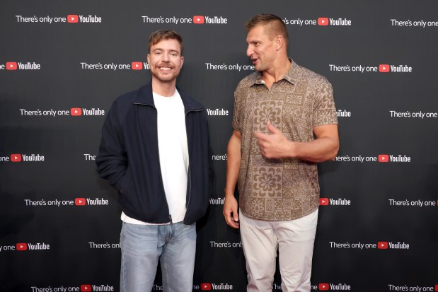 (L-R) MrBeast and Rob Gronkowski attend YouTube Brandcast 2025 at David Geffen Hall on May 14, 2025 in New York City. (Photo by Michael Loccisano/Getty Images)