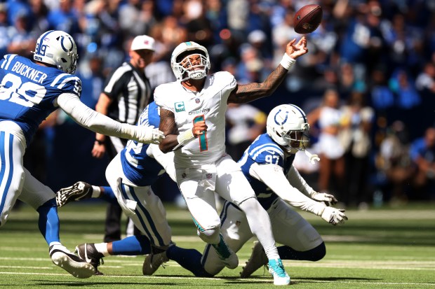 Tua Tagovailoa #1 of the Miami Dolphins throws a pass during the third quarter against the Indianapolis Colts during the game at Lucas Oil Stadium on Sept. 07, 2025 in Indianapolis, Indiana. (Photo by Andy Lyons/Getty Images)