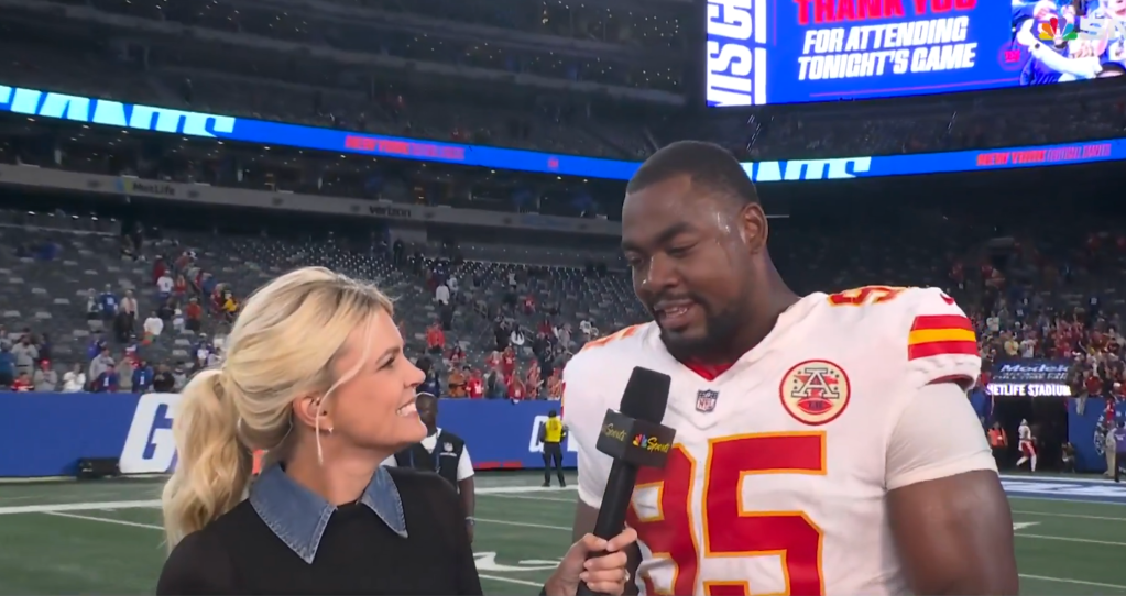 Chris Jones (R.) speaks on the NBV broadcast following the Chiefs-Giants game on Sept. 21, 2025.