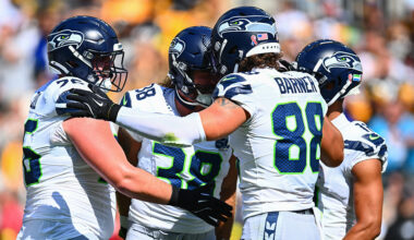 Seattle Seahawks AJ Barner touchdown celebration Steelers 2025...