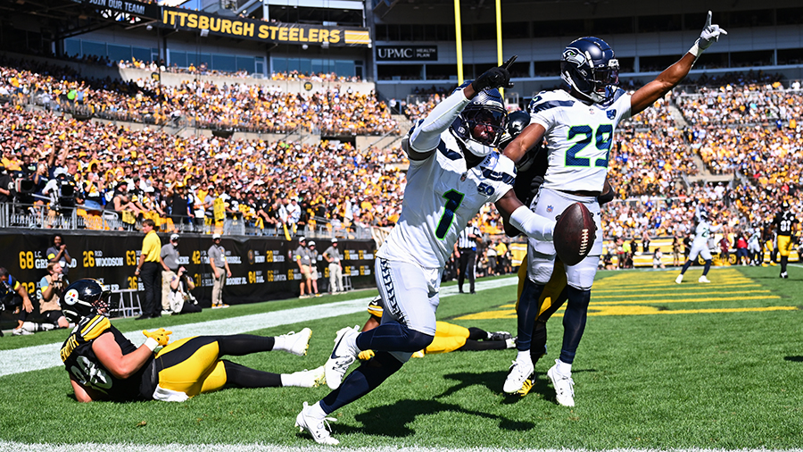 Seattle Seahawks Derion Kendrick interception Steelers 2025...