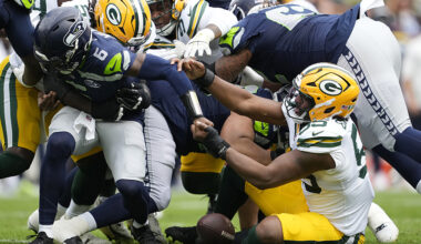 Seattle Seahawks Jalen Milroe fumble Green Bay Packers 2025 preseason...