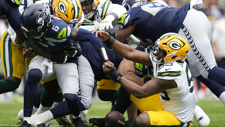 Seattle Seahawks Jalen Milroe fumble Green Bay Packers 2025 preseason...