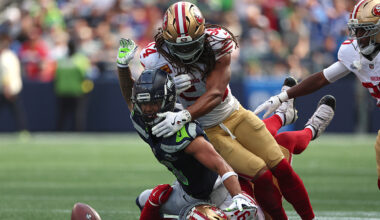 Seattle Seahawks Jaxon Smith-Njigba San Francisco 49ers Fred Warner fumble 2025...
