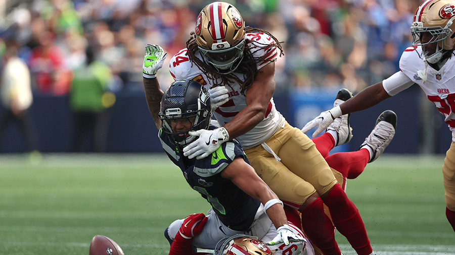 Seattle Seahawks Jaxon Smith-Njigba San Francisco 49ers Fred Warner fumble 2025...