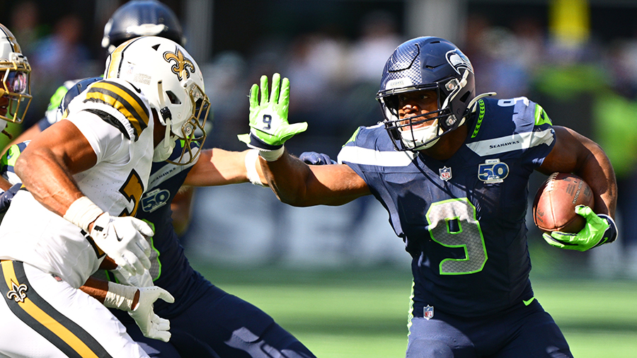 Seattle Seahawks Kenneth Walker III carry New Orleans Saints 2025...