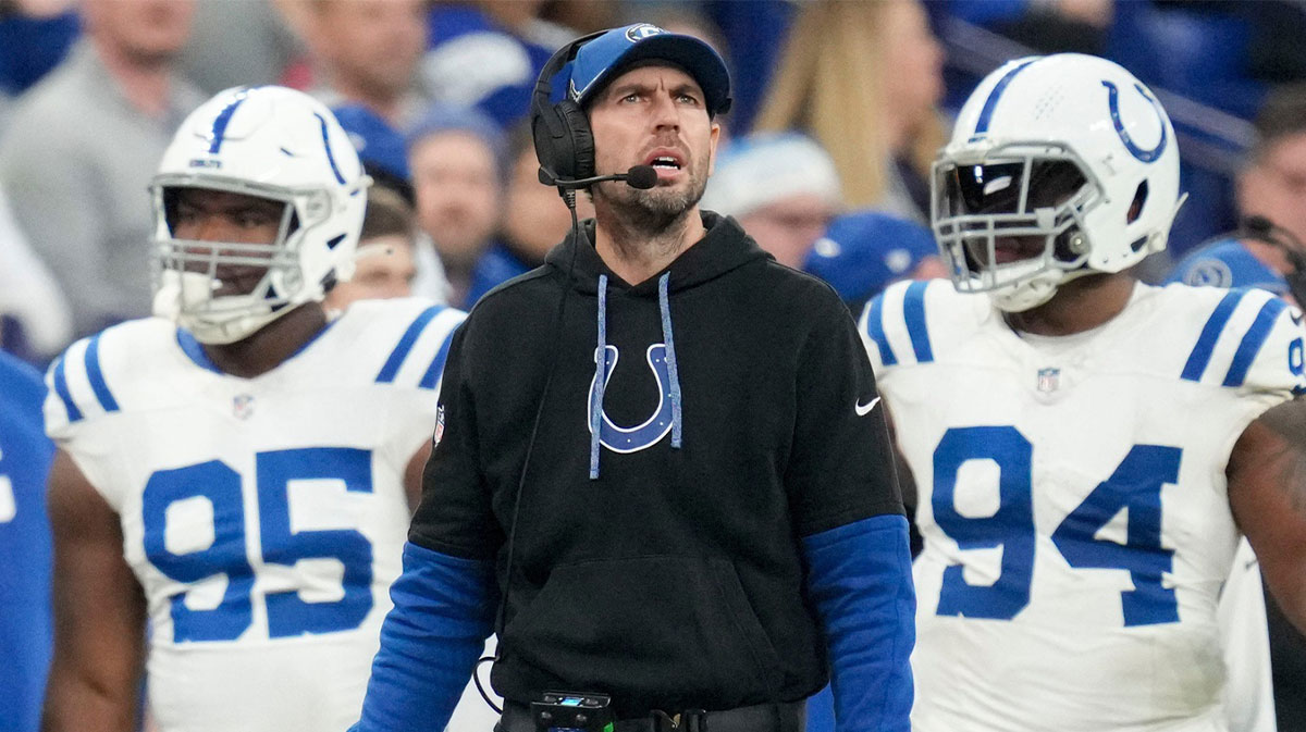 Indianapolis Colts head coach Shane Steichen reacts toa a penalty call