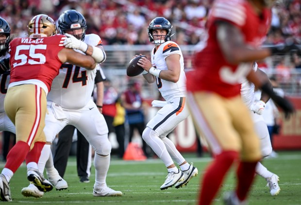Bo Nix (10) of the Denver Broncos looks for Courtland Sutton (14) during the second quarter of a preseason game against the San Francisco 49ers at Levi's Stadium in Santa Clara, California on Saturday, Aug. 9, 2025. (Photo by AAron Ontiveroz/The Denver Post)