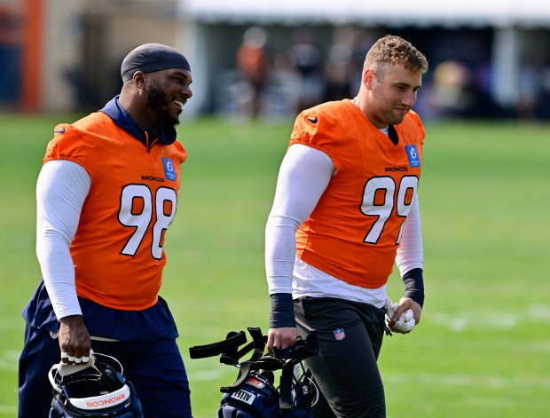 Denver Broncos defensive end John Franklin-Myers (98) and defensive end Zach Allen (99) during training camp at Broncos Park Powered by CommonSpirit in Centennial on Thursday, July 31, 2025. (Photo by Andy Cross/The Denver Post)