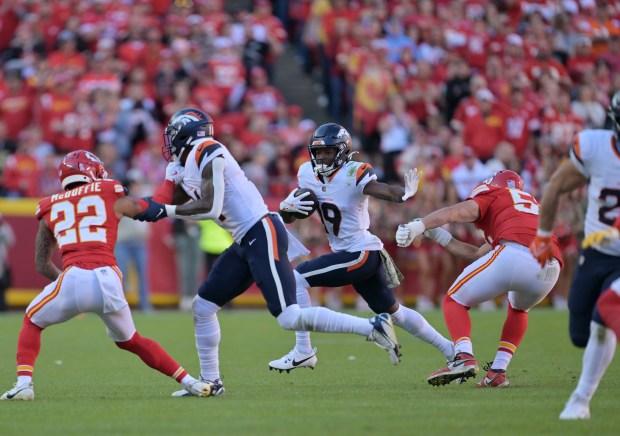 Denver Broncos wide receiver Marvin Mims Jr. (19) drives the ball down the field at Geha Field at Arrowhead Stadium in Kansas City, Missouri on Nov. 10, 2024. The Kansas City Chiefs won 16-14 over the Denver Broncos during week 10 of the NFL season. (Photo by RJ Sangosti/The Denver Post)